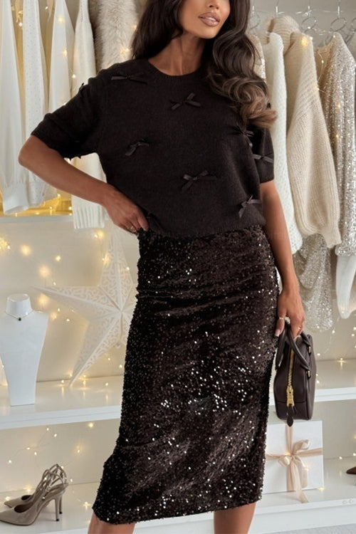 Back Slit Glitter Sequin Midi Skirt
