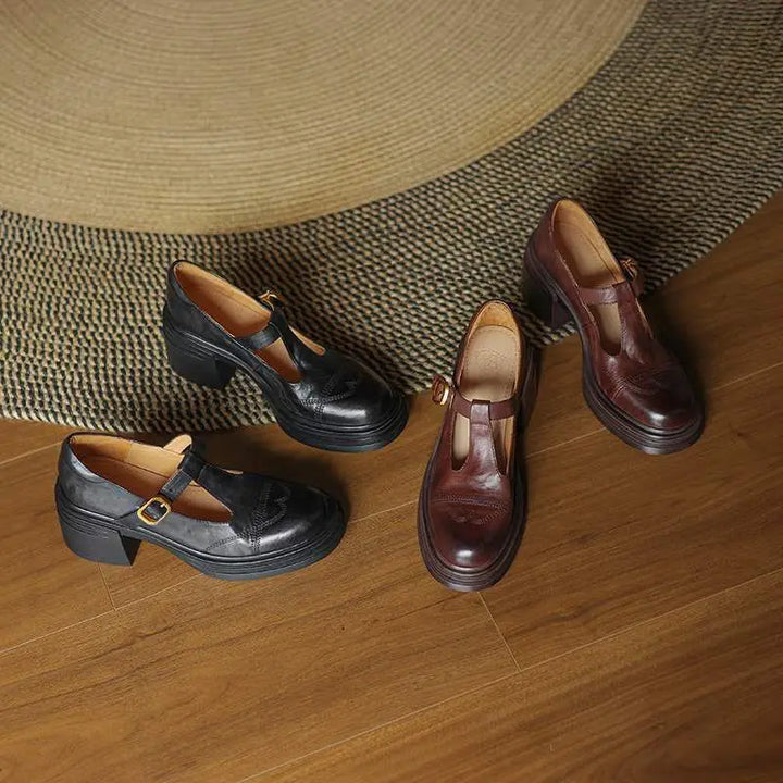 Classic Women’s Real Leather T-Strap Shoes
