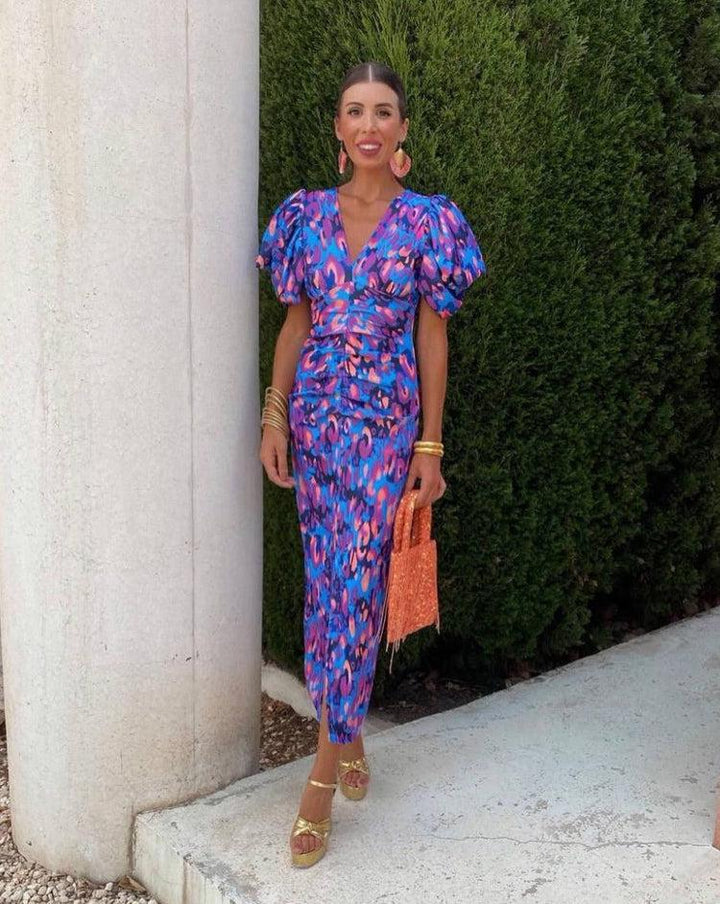 Aurora™ | Vibrant Midi Dress with Puff Sleeves