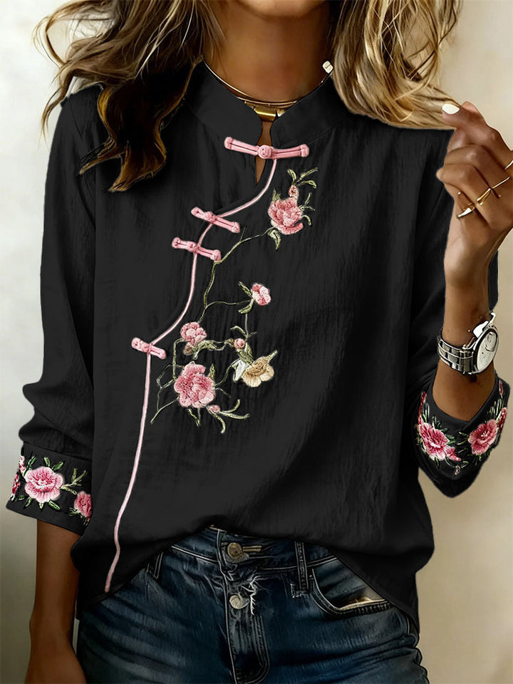 Women'S Floral Art Stand Up Collar Buckle Elegant Casual Long Sleeved Shirt