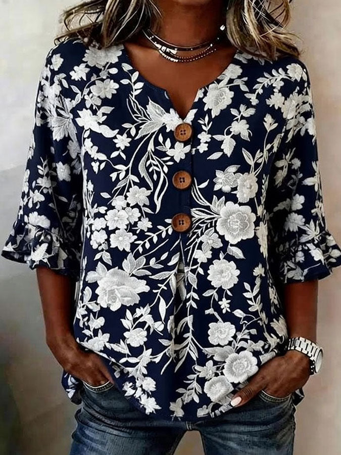 Women'S Floral Art Retro Printed Casual Top
