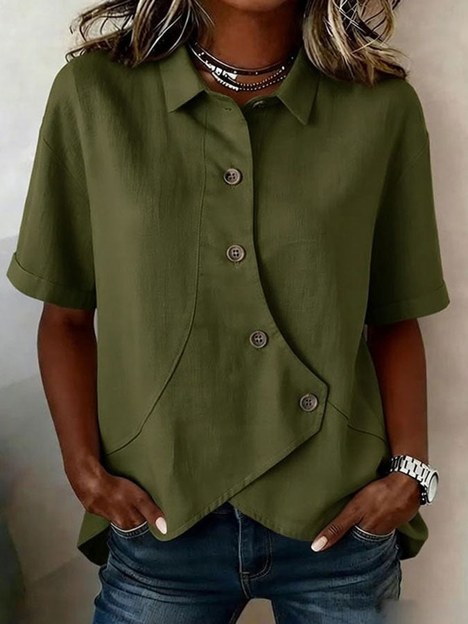Women'S Cotton And Linen Button Design Casual Lapel Short Sleeved Summer Top