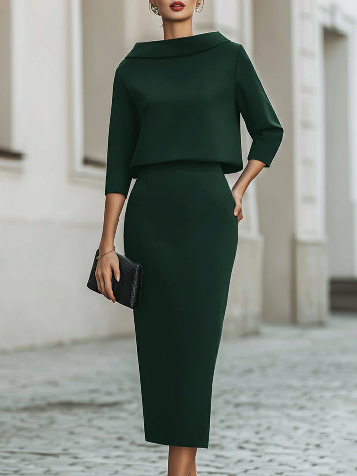 Boat Neck Top And Midi Skirt Set